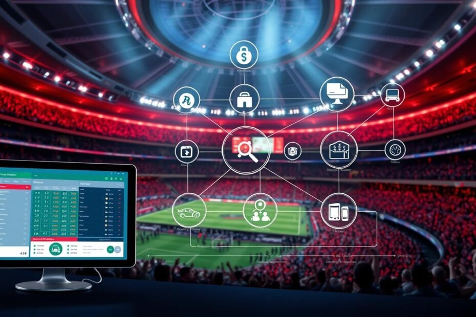 A detailed and informative illustration of the operational flow of the "3A" sports betting system, designed for clarity and educational purposes. In the foreground, depict a sleek user interface displaying live sports data and betting options on a modern digital device. In the middle, show interconnected data streams representing real-time information processing, with icons symbolizing various sports events. In the background, create a dynamic scene of a sports arena filled with cheering fans, illuminated by vibrant stadium lights. Use a wide angle to capture the scope of the system's reach. The mood should convey a sense of excitement and reliability, with a focus on technology and data synchronization.