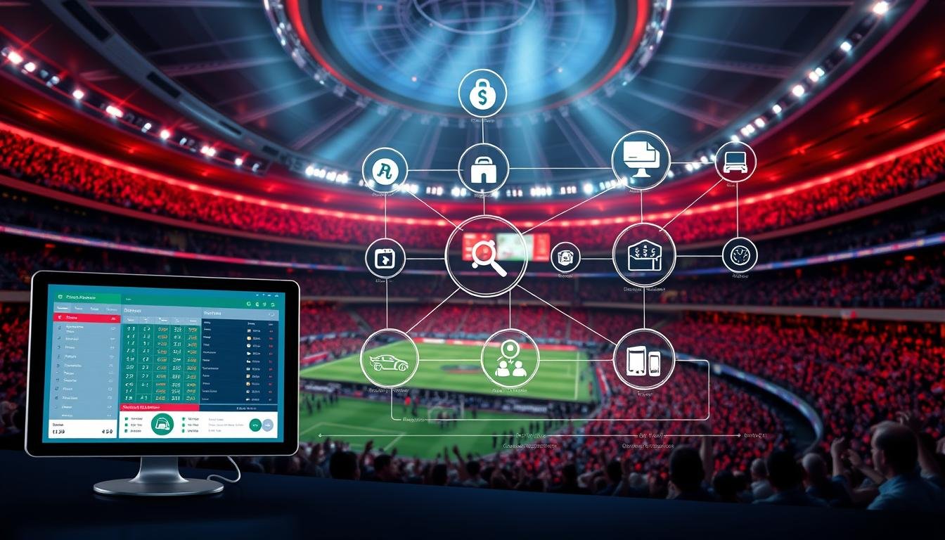 A detailed and informative illustration of the operational flow of the "3A" sports betting system, designed for clarity and educational purposes. In the foreground, depict a sleek user interface displaying live sports data and betting options on a modern digital device. In the middle, show interconnected data streams representing real-time information processing, with icons symbolizing various sports events. In the background, create a dynamic scene of a sports arena filled with cheering fans, illuminated by vibrant stadium lights. Use a wide angle to capture the scope of the system's reach. The mood should convey a sense of excitement and reliability, with a focus on technology and data synchronization.