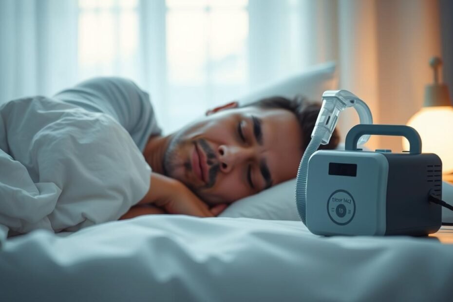 A serene bedroom scene capturing the essence of sleep and its interruptions. In the foreground, a person sleeping peacefully on a soft, plush pillow, their expression relaxed yet subtly marked by light snoring. In the middle, a stylish CPAP machine sits on a bedside table, emphasizing its role in addressing sleep apnea. The background features a gently illuminated window, casting soft morning light, creating a tranquil atmosphere. The color palette is calming, with shades of blue and white dominating the scene, evoking a sense of comfort and relaxation. The composition uses a soft focus for a dream-like quality, inviting the viewer to contemplate the relationship between snoring and sleep apnea.