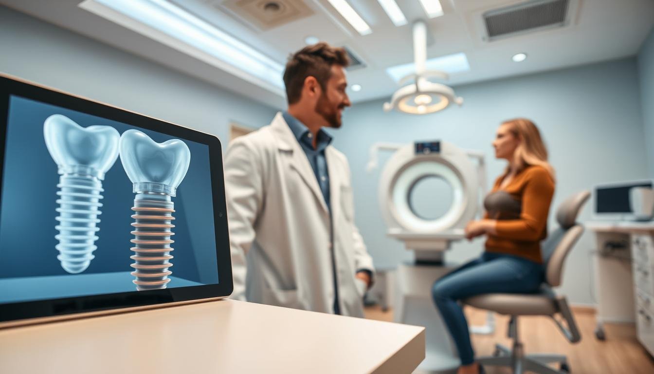 A dental clinic interior showcasing the advanced technology of implant dentistry. In the foreground, a digital 3D model of a dental implant displayed on a tablet, showing intricate details. In the middle, a dentist in a white coat consulting with a patient in a modest casual outfit, discussing the benefits of implants, with a 3D cone beam computed tomography (CBCT) machine visible nearby, emphasizing the precision of planning. The background includes a bright, modern dental environment with calming colors, soft fluorescent lighting, and dental equipment. The atmosphere is professional yet inviting, reflecting the importance of implants as a reliable oral restoration option.