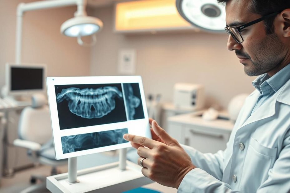 A dental examination scene focused on "根尖陰影面積" analysis for determining the necessity of "杜牙根" cleaning. In the foreground, a dentist in a professional white coat is intently examining an X-ray on a lightbox, showcasing a clear focus on the apex of a tooth with highlighted shadow areas. In the middle ground, dental tools and a patient chair are visible, maintaining a clinical atmosphere. The background features a well-lit dental office with modern equipment and calming colors, conveying a careful and sterile environment. Soft, warm lighting creates a reassuring mood, emphasizing professionalism and care. The angle is slightly tilted downwards towards the X-ray to enhance detail visibility, with the emphasis on the dentist's thoughtful expression. The overall atmosphere is serious yet hopeful, reflecting the importance of dental health.