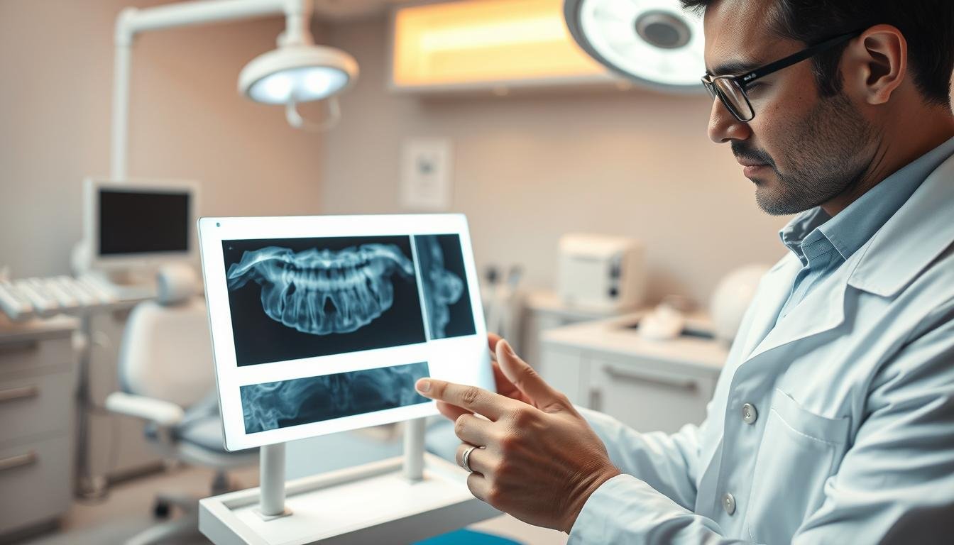 A dental examination scene focused on "根尖陰影面積" analysis for determining the necessity of "杜牙根" cleaning. In the foreground, a dentist in a professional white coat is intently examining an X-ray on a lightbox, showcasing a clear focus on the apex of a tooth with highlighted shadow areas. In the middle ground, dental tools and a patient chair are visible, maintaining a clinical atmosphere. The background features a well-lit dental office with modern equipment and calming colors, conveying a careful and sterile environment. Soft, warm lighting creates a reassuring mood, emphasizing professionalism and care. The angle is slightly tilted downwards towards the X-ray to enhance detail visibility, with the emphasis on the dentist's thoughtful expression. The overall atmosphere is serious yet hopeful, reflecting the importance of dental health.