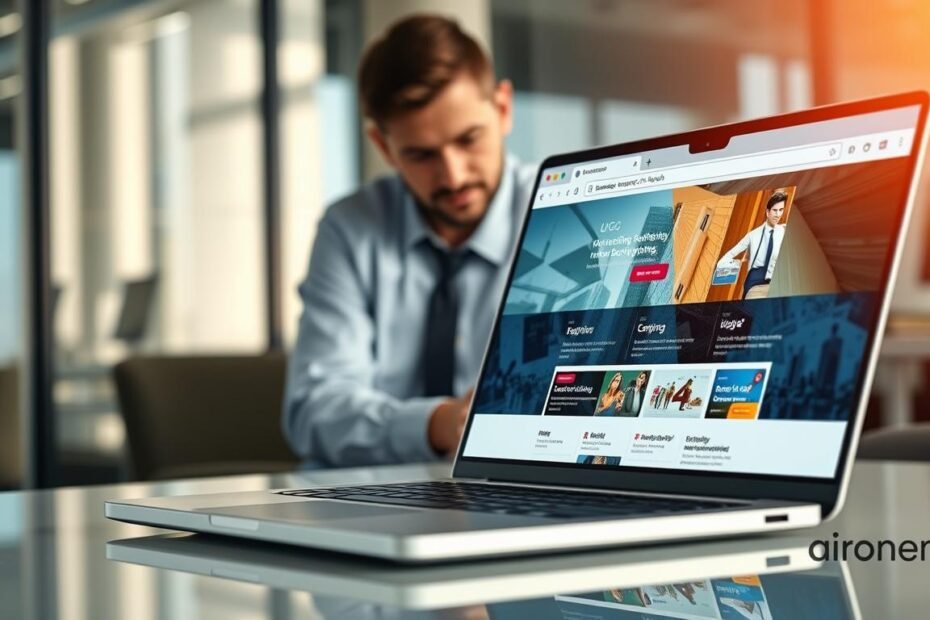 A modern web browser interface showcasing UG娛樂城 performing seamlessly in Google Chrome. In the foreground, a sleek laptop displays a vibrant, interactive UG娛樂城 homepage with eye-catching graphics and user-friendly navigation. The middle ground features a professional workspace with a person in business attire, intently examining the website on the laptop, demonstrating focus and engagement. The background shows a blurred office setting, suggesting a high-tech environment, with soft natural lighting and reflections on the laptop screen to create depth. The overall atmosphere is one of innovation and efficiency, capturing the essence of cross-platform compatibility and user experience.