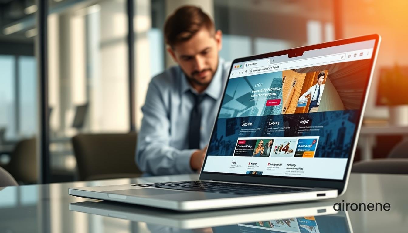 A modern web browser interface showcasing UG娛樂城 performing seamlessly in Google Chrome. In the foreground, a sleek laptop displays a vibrant, interactive UG娛樂城 homepage with eye-catching graphics and user-friendly navigation. The middle ground features a professional workspace with a person in business attire, intently examining the website on the laptop, demonstrating focus and engagement. The background shows a blurred office setting, suggesting a high-tech environment, with soft natural lighting and reflections on the laptop screen to create depth. The overall atmosphere is one of innovation and efficiency, capturing the essence of cross-platform compatibility and user experience.