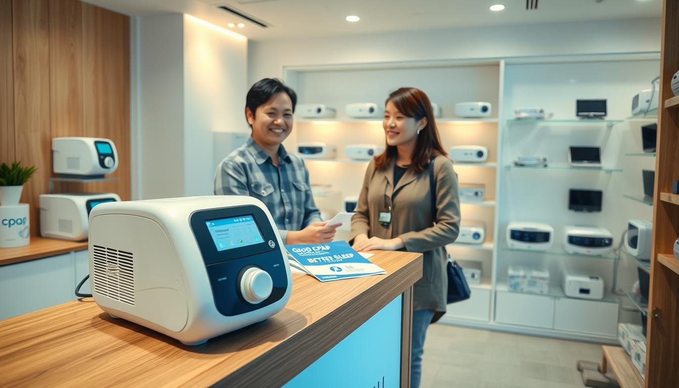 A modern medical service environment showcasing a CPAP machine rental and sales setup in Hong Kong. In the foreground, a sleek CPAP machine sits prominently on a stylish wooden reception desk, with a brochure titled "Good CPAP, Better Sleep" next to it. The midground features a professional businessperson in modest casual clothing, assisting a patient with a friendly smile, highlighting a supportive atmosphere. In the background, a clean, well-lit room displays various CPAP machines and accessories on neat shelving, creating a welcoming environment. Soft, warm lighting enhances the comfort of the space, while a gentle blue hue evokes a sense of calm and well-being. The overall mood is reassuring and informative, illustrating the balance of professionalism and personal care.