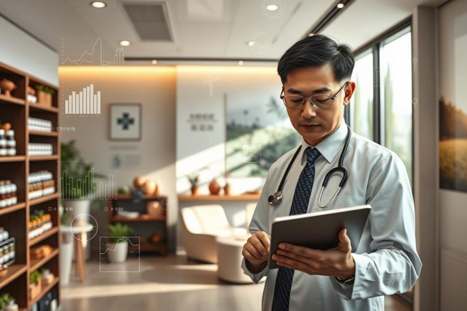 A modern traditional Chinese medicine clinic in Sha Tin, showcasing advancements in big data analysis. In the foreground, a calm and serene practitioner in professional attire analyzes data on a tablet, surrounded by digital graphs and charts floating around. In the middle ground, a cozy, well-lit consultation room with herbal remedies on shelves and a peaceful atmosphere, with natural light streaming through large windows. The background features a wall adorned with patient testimonials and images of serene nature, symbolizing holistic healing. The mood conveys a sense of professionalism, tranquility, and innovation in healthcare, specifically targeting autonomic nervous system disorders. Ensure the lighting is soft and inviting, capturing the essence of modern healthcare infused with traditional wisdom.