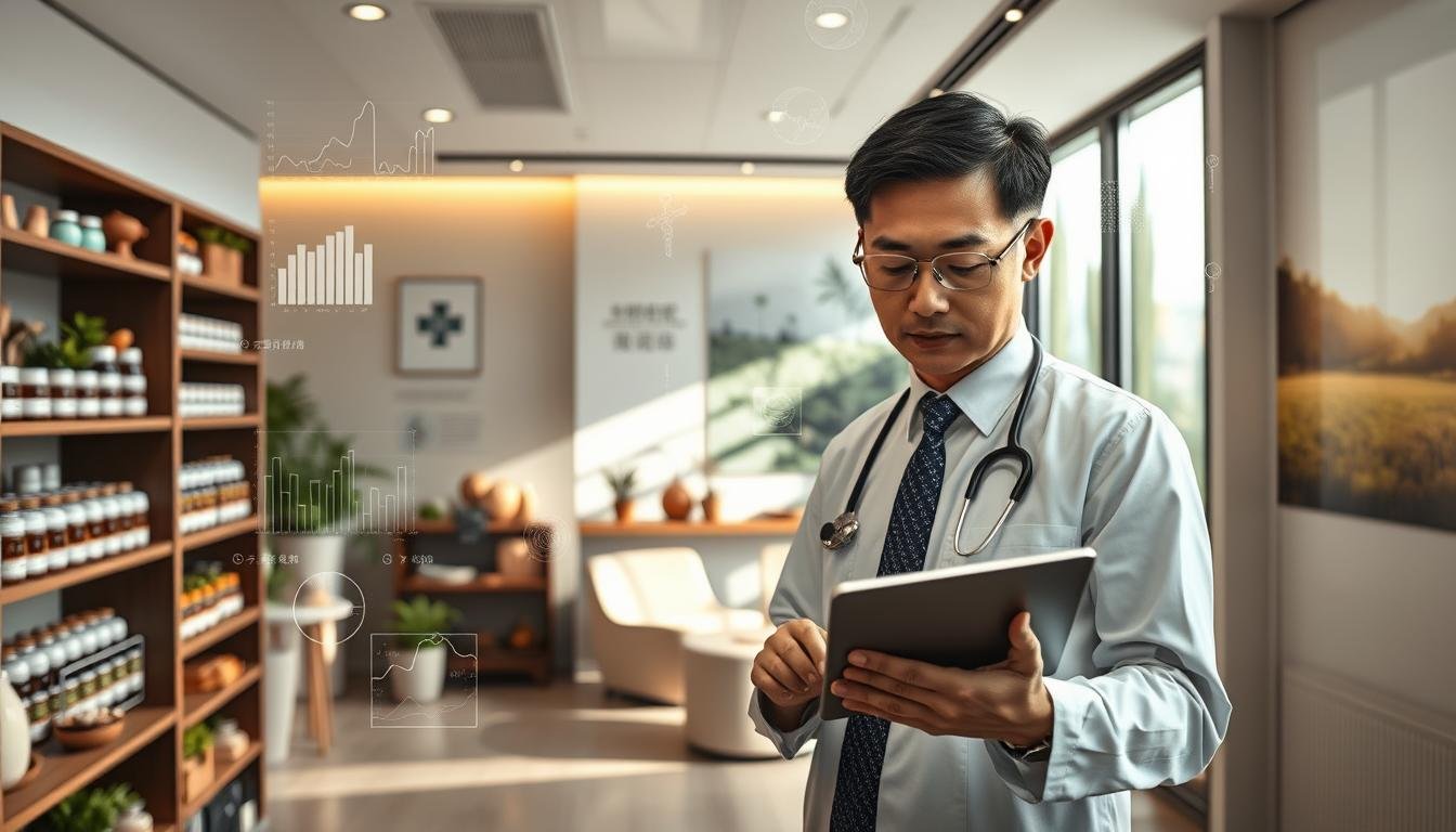 A modern traditional Chinese medicine clinic in Sha Tin, showcasing advancements in big data analysis. In the foreground, a calm and serene practitioner in professional attire analyzes data on a tablet, surrounded by digital graphs and charts floating around. In the middle ground, a cozy, well-lit consultation room with herbal remedies on shelves and a peaceful atmosphere, with natural light streaming through large windows. The background features a wall adorned with patient testimonials and images of serene nature, symbolizing holistic healing. The mood conveys a sense of professionalism, tranquility, and innovation in healthcare, specifically targeting autonomic nervous system disorders. Ensure the lighting is soft and inviting, capturing the essence of modern healthcare infused with traditional wisdom.