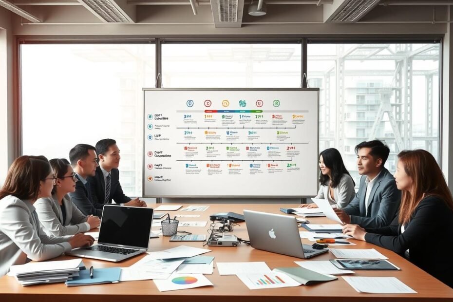 A professional business environment depicting the process of opening a company in Hong Kong. In the foreground, a diverse group of business professionals, dressed in smart business attire, are engaged in a discussion around a large table strewn with documents, charts, and a laptop displaying a timeline graphic of the company registration process. In the middle, a whiteboard filled with colorful flowcharts outlines the necessary steps and estimated timeframes, symbolizing clarity and organization. The background features large windows allowing soft, natural light to illuminate the workspace, creating an atmosphere of focus and collaboration. The overall mood is optimistic and dynamic, reflecting the excitement and challenges of starting a new business venture. No text or additional elements are present.