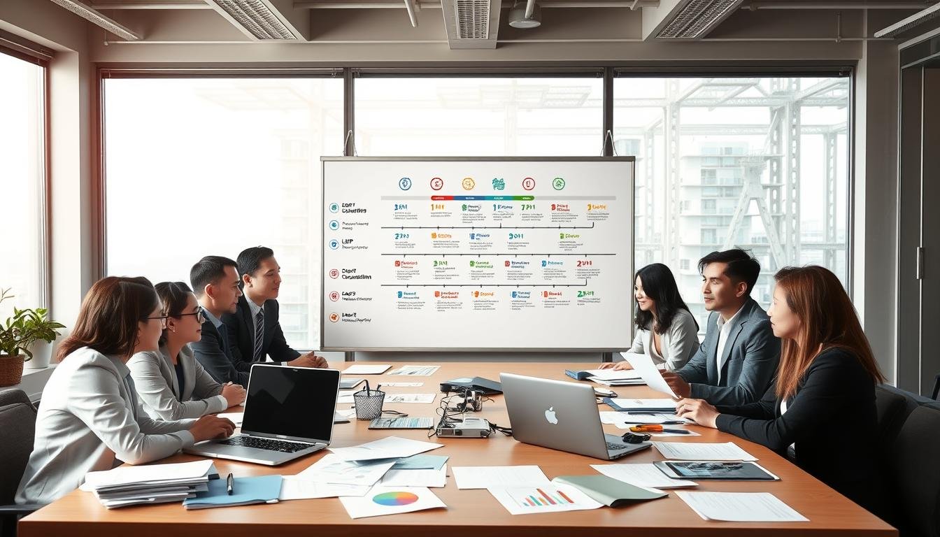 A professional business environment depicting the process of opening a company in Hong Kong. In the foreground, a diverse group of business professionals, dressed in smart business attire, are engaged in a discussion around a large table strewn with documents, charts, and a laptop displaying a timeline graphic of the company registration process. In the middle, a whiteboard filled with colorful flowcharts outlines the necessary steps and estimated timeframes, symbolizing clarity and organization. The background features large windows allowing soft, natural light to illuminate the workspace, creating an atmosphere of focus and collaboration. The overall mood is optimistic and dynamic, reflecting the excitement and challenges of starting a new business venture. No text or additional elements are present.