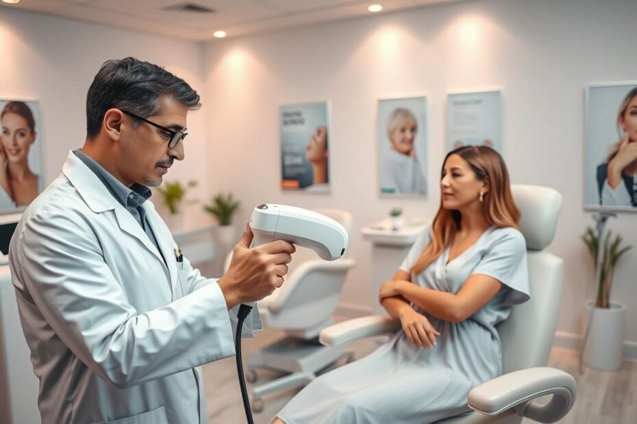 A professional setting showcasing a modern skincare clinic. In the foreground, a dermatologist in a white coat, with a focused expression, demonstrates a laser hair removal device on a female patient who is comfortably seated, wearing a modest treatment gown. The middle ground features advanced laser equipment and aesthetic treatment chairs, creating a sense of clinical professionalism. The background includes soft, ambient lighting with soothing colors, emphasizing a calming atmosphere. The room is well-lit, showcasing medical posters about skin care and hair removal techniques on the walls. The overall mood is one of trust, care, and innovation in dermatological treatments, specifically focusing on the differences between permanent hair removal and traditional methods.