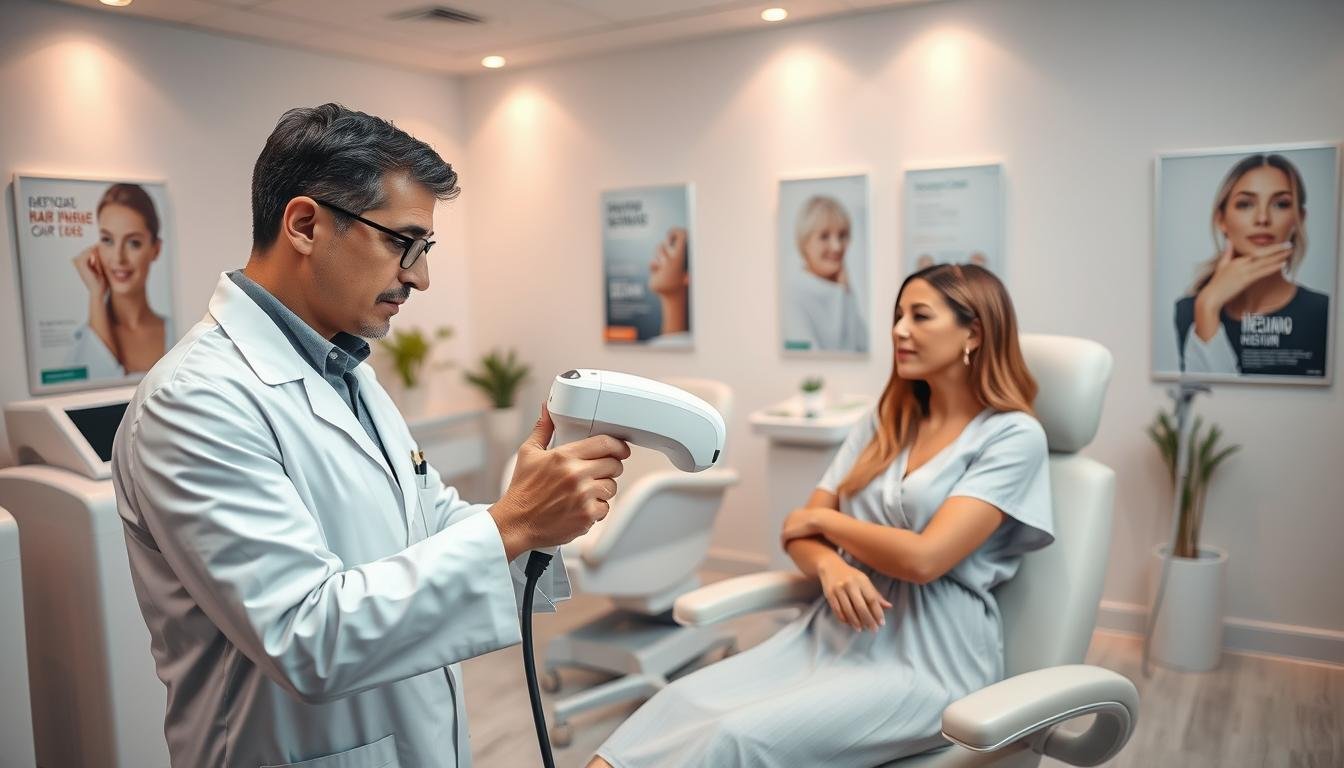 A professional setting showcasing a modern skincare clinic. In the foreground, a dermatologist in a white coat, with a focused expression, demonstrates a laser hair removal device on a female patient who is comfortably seated, wearing a modest treatment gown. The middle ground features advanced laser equipment and aesthetic treatment chairs, creating a sense of clinical professionalism. The background includes soft, ambient lighting with soothing colors, emphasizing a calming atmosphere. The room is well-lit, showcasing medical posters about skin care and hair removal techniques on the walls. The overall mood is one of trust, care, and innovation in dermatological treatments, specifically focusing on the differences between permanent hair removal and traditional methods.