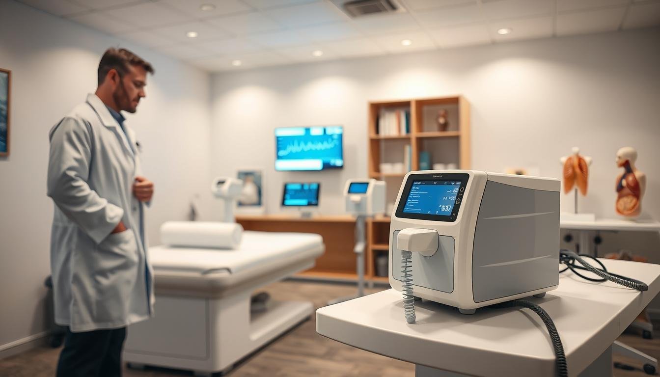 A serene, clinical setting for a sleep apnea medical assessment, featuring a modern sleep study room with a range of sleep apnea machines on sleek, white tables. In the foreground, a professional in a white lab coat stands beside a high-tech CPAP machine, demonstrating its features. The middle ground shows a clean examination bed and a digital monitor displaying vital signs in soft blue light, while gentle overhead lighting casts a calming glow throughout the space. The background features shelves with medical literature and an anatomical model of the human respiratory system. The overall atmosphere is focused and professional, conveying the importance of thorough medical evaluation before the use of sleep apnea devices.