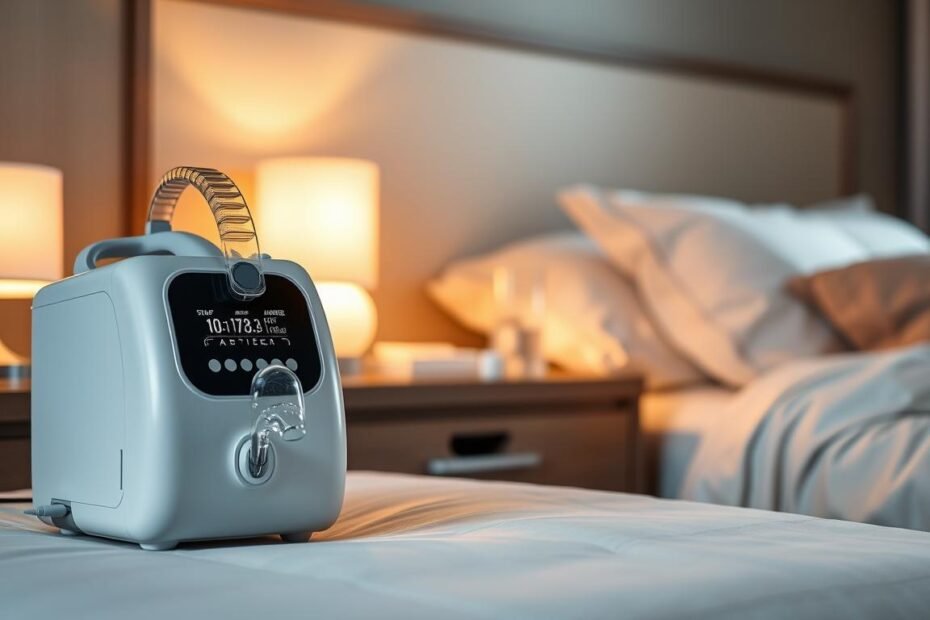 A sleek, modern sleep apnea machine prominently placed on a bedside table in a softly lit bedroom. In the foreground, focus on the intricate design of the device, highlighting its digital display and comfortable breathing mask. In the middle ground, a well-organized nightstand with a glass of water and a soft, warm bedside lamp glows gently, enhancing the calming atmosphere. The background features a softly draped bed with neutral-colored linens, contributing to a serene, inviting space. The lighting is warm and gentle, creating a sense of peace and comfort, ideal for restful sleep. The overall mood is encouraging and informative, emphasizing the importance of the sleep apnea machine in promoting better sleep health.