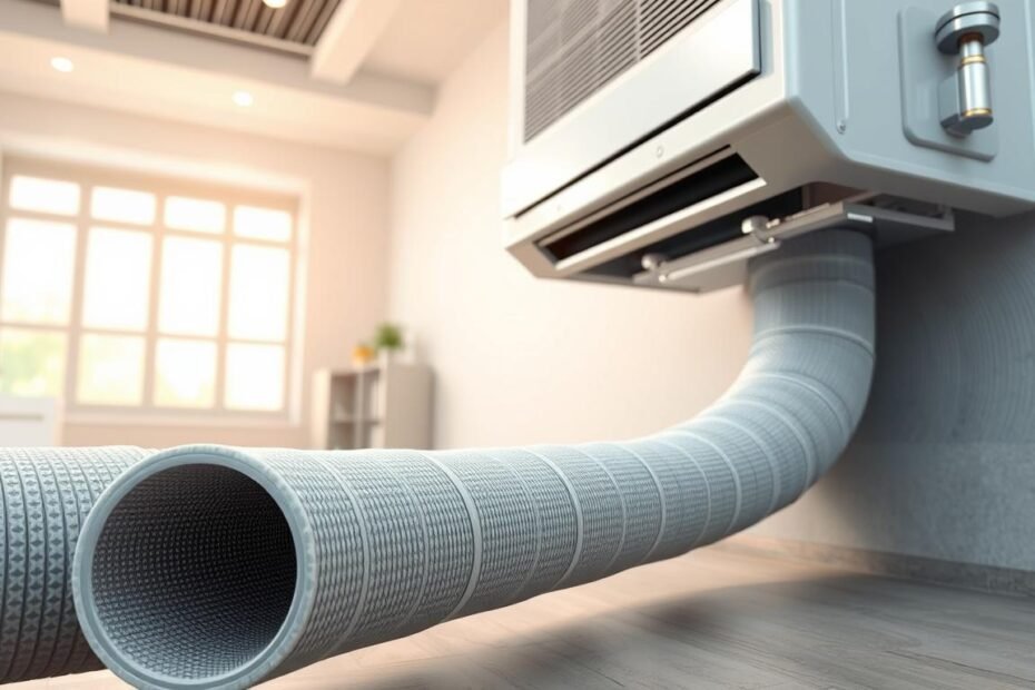 An intricate illustration of air conditioning drainage pipe design, showcasing a close-up view of a modern drainage system. In the foreground, precise details of high-quality, insulated drainage pipes are displayed, with realistic textures and colors. The middle section features a seamless connection between the air conditioning unit and the drainage system, emphasizing proper installation techniques. The background consists of a well-lit room with a clean, professional ambiance, highlighting the importance of effective drainage in preventing leaks. Soft, natural lighting enhances the clarity of the image, creating a technical yet approachable atmosphere. The angle should provide a slightly elevated perspective, allowing for an comprehensive view of the components without distractions.