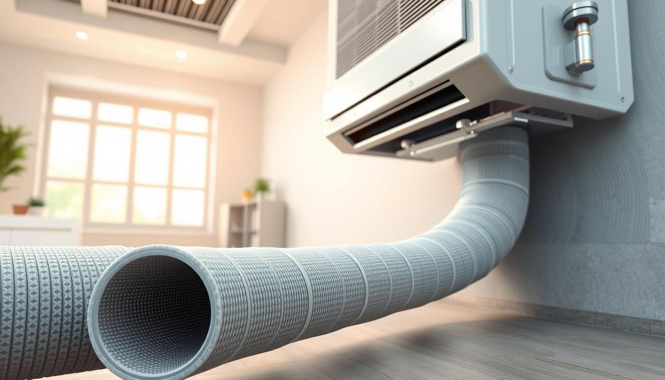 An intricate illustration of air conditioning drainage pipe design, showcasing a close-up view of a modern drainage system. In the foreground, precise details of high-quality, insulated drainage pipes are displayed, with realistic textures and colors. The middle section features a seamless connection between the air conditioning unit and the drainage system, emphasizing proper installation techniques. The background consists of a well-lit room with a clean, professional ambiance, highlighting the importance of effective drainage in preventing leaks. Soft, natural lighting enhances the clarity of the image, creating a technical yet approachable atmosphere. The angle should provide a slightly elevated perspective, allowing for an comprehensive view of the components without distractions.