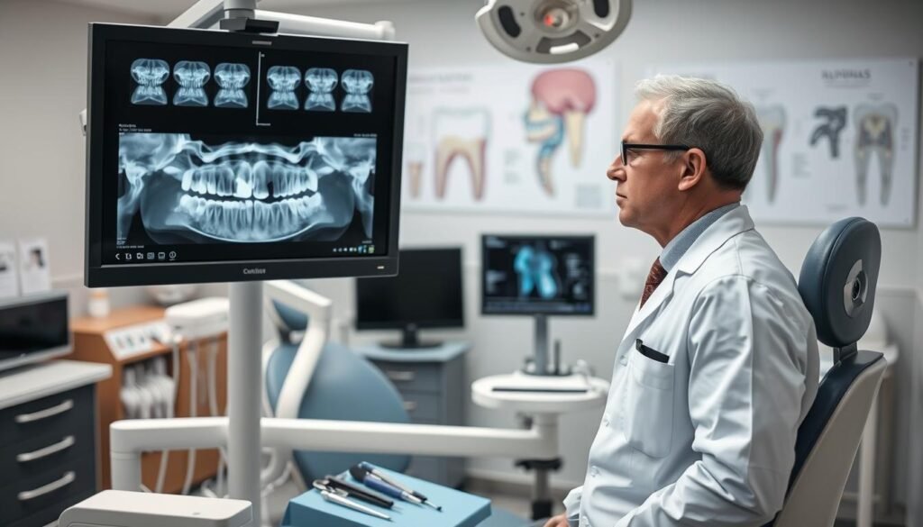A dental clinic scene focused on wisdom tooth extraction risk assessment. In the foreground, a dentist in professional attire is examining dental X-rays on a modern monitor, looking thoughtful and analytical. In the middle ground, a dental chair with dental tools neatly arranged, symbolizing the surgical environment. In the background, there are anatomical diagrams of the jaw and teeth on the wall, highlighting common complications. The lighting is bright and clinical, providing a sterile environment, with a slight soft-focus effect to create a calm atmosphere. The mood is serious and professional, emphasizing the importance of risk evaluation in dental surgery, without any patients depicted.