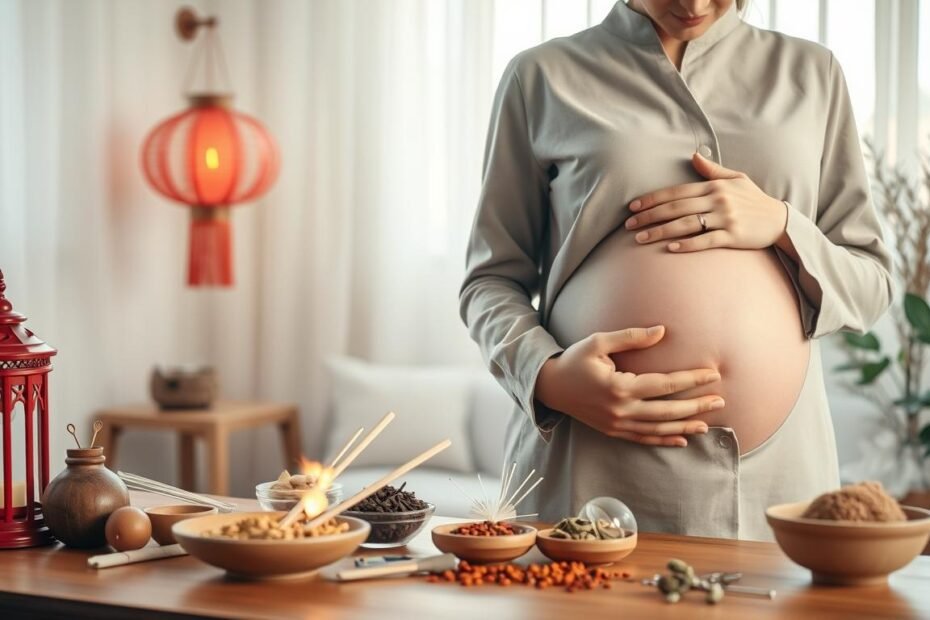 A serene and warm setting focused on traditional Chinese medicine for pregnancy wellness. In the foreground, a professional woman in modest, professional attire is gently cradling her abdomen, symbolizing warmth and nurturing. She is surrounded by herbal remedies, acupuncture needles, and a soft glow from a nearby red lantern. In the middle ground, traditional Chinese medicine tools like moxibustion and medicinal herbs are displayed on a wooden table, suggesting care and healing. The background features a tranquil room with delicate silk curtains, filtered sunlight streaming in, creating a soothing atmosphere. The overall mood is calming and supportive, emphasizing health and wellness for fertility. Use soft, warm lighting to enhance the cozy feeling.