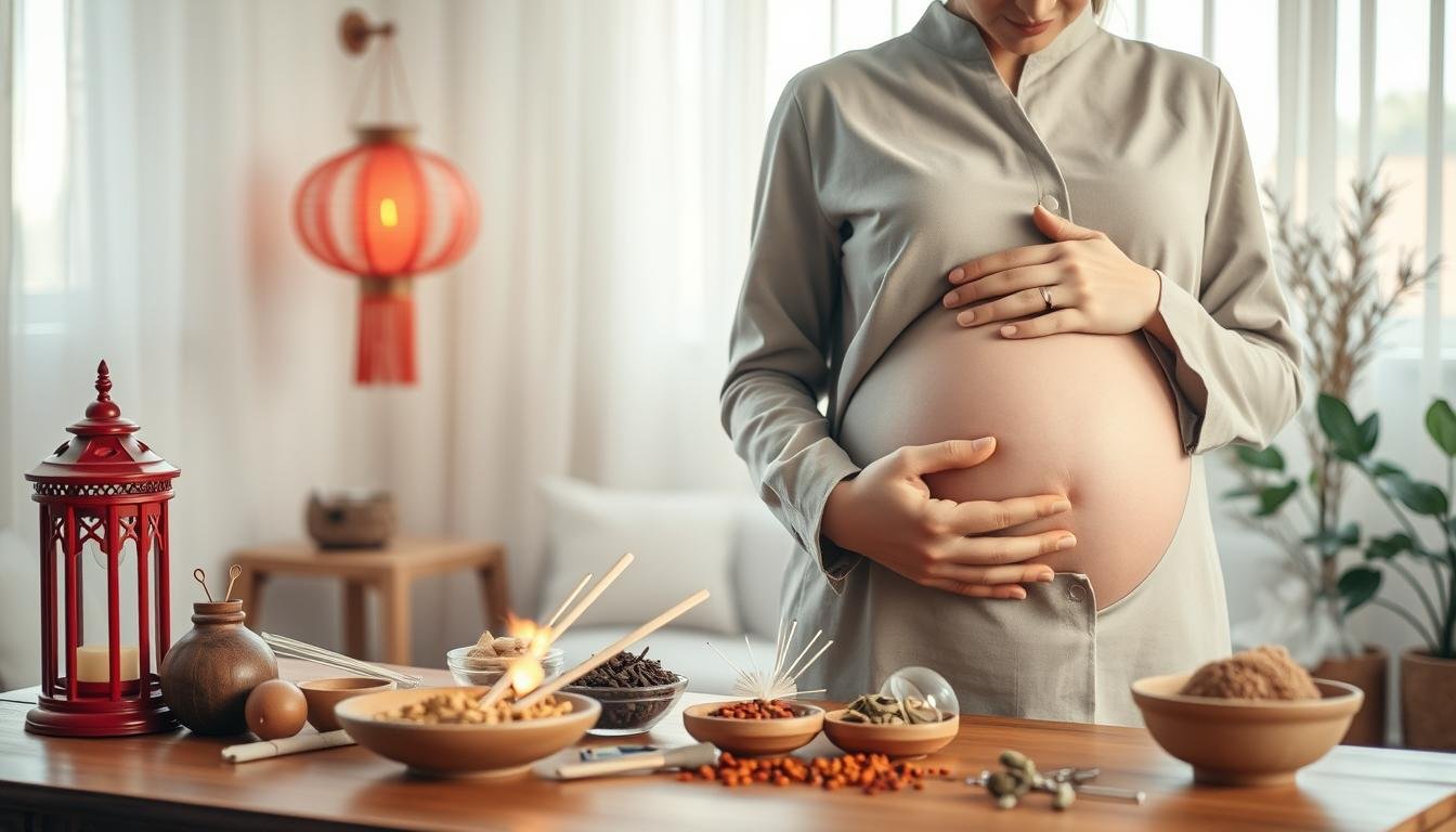 A serene and warm setting focused on traditional Chinese medicine for pregnancy wellness. In the foreground, a professional woman in modest, professional attire is gently cradling her abdomen, symbolizing warmth and nurturing. She is surrounded by herbal remedies, acupuncture needles, and a soft glow from a nearby red lantern. In the middle ground, traditional Chinese medicine tools like moxibustion and medicinal herbs are displayed on a wooden table, suggesting care and healing. The background features a tranquil room with delicate silk curtains, filtered sunlight streaming in, creating a soothing atmosphere. The overall mood is calming and supportive, emphasizing health and wellness for fertility. Use soft, warm lighting to enhance the cozy feeling.
