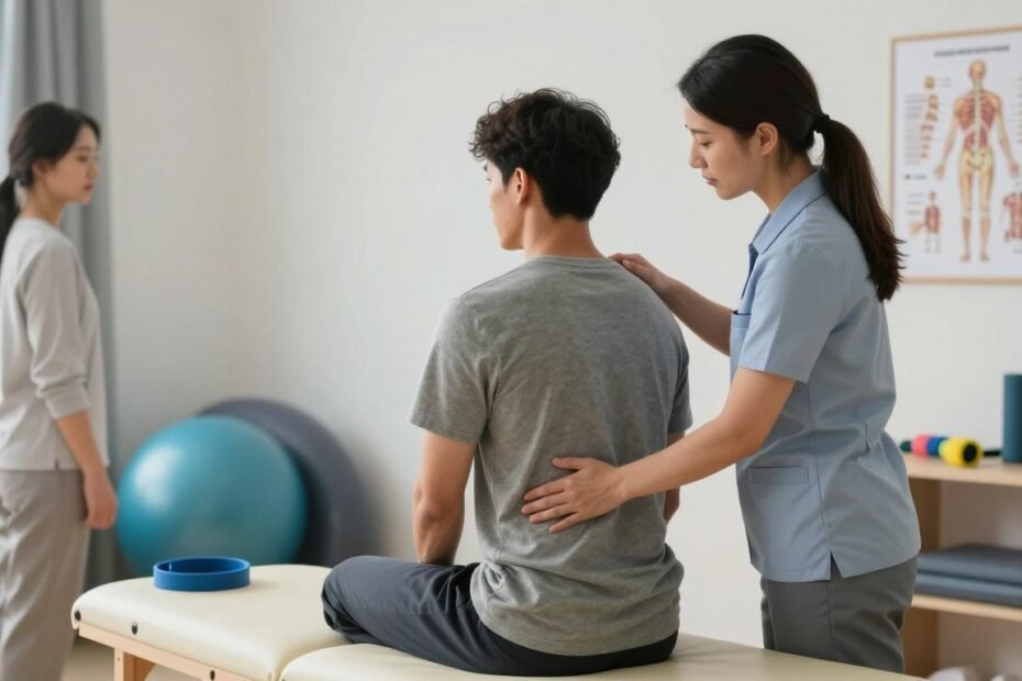 A serene clinic environment dedicated to sciatica treatment, featuring a professional female chiropractor and a male patient engaged in a therapy session. In the foreground, the chiropractor, dressed in smart casual attire, is gently adjusting the patient's back while explaining the benefits of spinal manipulation. The middle ground includes a treatment table and various physiotherapy equipment, such as resistance bands and exercise balls, reflecting a holistic approach to pain relief. The background shows soft lighting, calming colors, and framed anatomical charts depicting the spinal structure and nervous system. The atmosphere is tranquil and focused, evoking a sense of trust and healing, emphasizing the collaboration of chiropractic care and physical therapy for effective sciatica treatment.