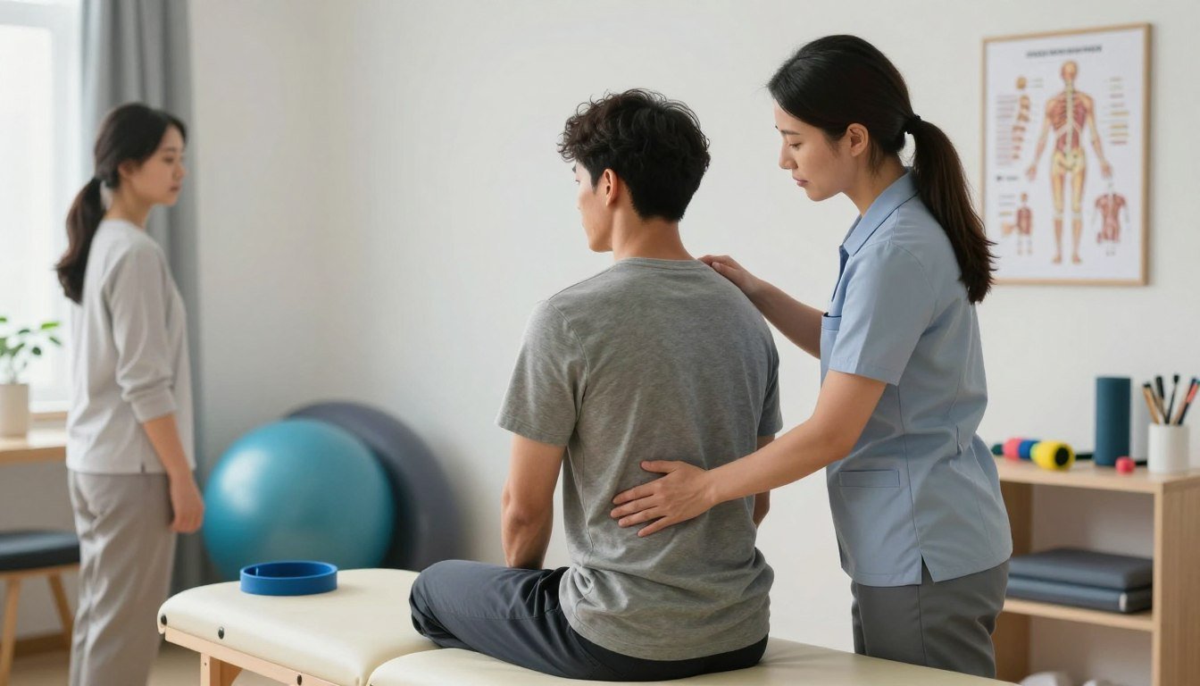 A serene clinic environment dedicated to sciatica treatment, featuring a professional female chiropractor and a male patient engaged in a therapy session. In the foreground, the chiropractor, dressed in smart casual attire, is gently adjusting the patient's back while explaining the benefits of spinal manipulation. The middle ground includes a treatment table and various physiotherapy equipment, such as resistance bands and exercise balls, reflecting a holistic approach to pain relief. The background shows soft lighting, calming colors, and framed anatomical charts depicting the spinal structure and nervous system. The atmosphere is tranquil and focused, evoking a sense of trust and healing, emphasizing the collaboration of chiropractic care and physical therapy for effective sciatica treatment.