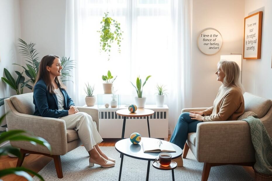 A serene therapy room designed for anxiety treatment. In the foreground, a calm therapist, wearing professional attire, sits comfortably across from a client on a cozy armchair, both engaged in a supportive conversation. The middle ground features a small table with a journal, a stress ball, and a cup of herbal tea. In the background, soft natural light filters through a window adorned with plants, creating a warm, inviting atmosphere. The walls are decorated with calming artwork and motivational quotes. The overall mood is peaceful and reassuring, conveying a sense of hope and healing in the journey to overcome anxiety. Focus on a harmonious color palette of soft blues and greens.
