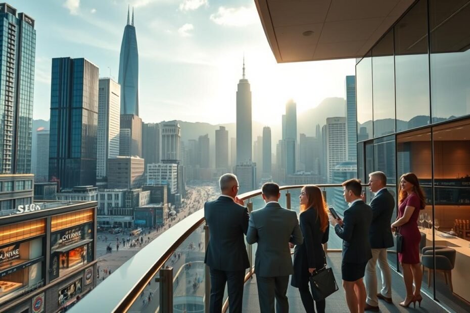 A modern office building in Central Hong Kong, showcasing a stylish and competitive leasing strategy. In the foreground, a group of diverse business professionals in elegant attire discuss strategies on a sleek, glass balcony overlooking the city. The middle ground features a bustling street filled with people and luxury shops, emphasizing the area’s commercial vibrancy. In the background, iconic skyscrapers of Central Hong Kong are silhouetted against a bright sky during the golden hour, casting warm light across the scene. The atmosphere is dynamic yet focused, reflecting a prosperous business environment, with a sense of growth and opportunity in the air. The image should capture a professional and energetic vibe, highlighting the potential of office space leasing in this core business district.