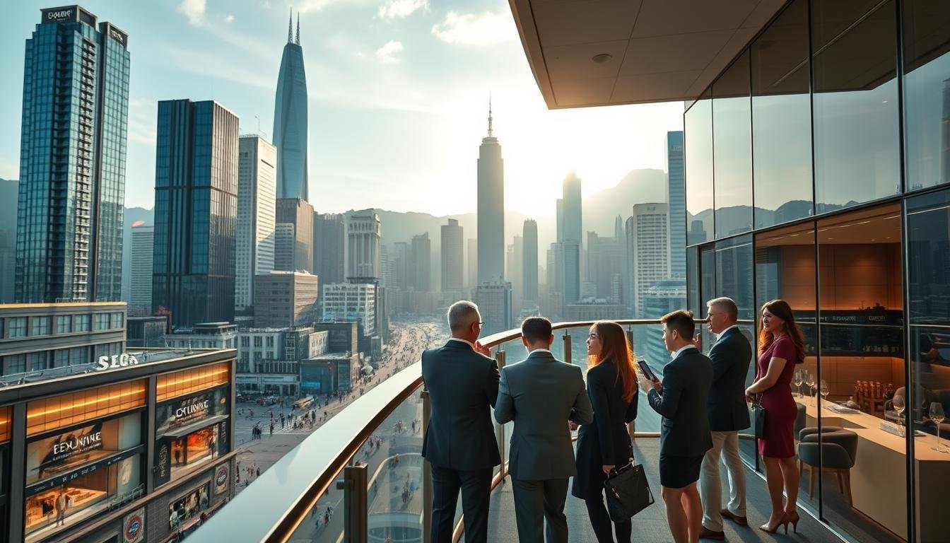A modern office building in Central Hong Kong, showcasing a stylish and competitive leasing strategy. In the foreground, a group of diverse business professionals in elegant attire discuss strategies on a sleek, glass balcony overlooking the city. The middle ground features a bustling street filled with people and luxury shops, emphasizing the area’s commercial vibrancy. In the background, iconic skyscrapers of Central Hong Kong are silhouetted against a bright sky during the golden hour, casting warm light across the scene. The atmosphere is dynamic yet focused, reflecting a prosperous business environment, with a sense of growth and opportunity in the air. The image should capture a professional and energetic vibe, highlighting the potential of office space leasing in this core business district.