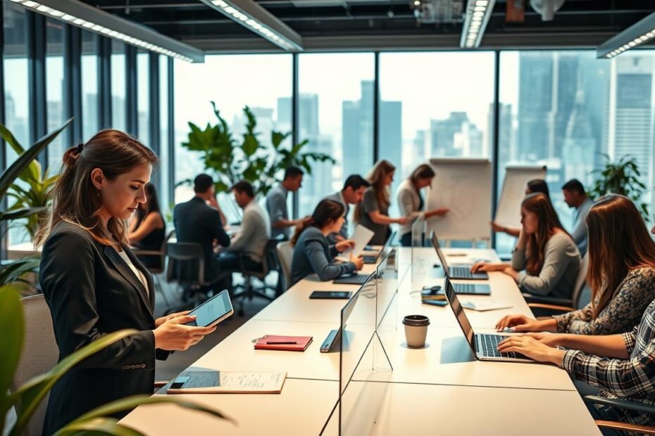 A modern, sleek co-working space filled with natural light, showcasing a diverse group of professionals collaborating at stylish desks. In the foreground, a businesswoman in professional attire is attentively discussing with a colleague, using a tablet to illustrate key points. In the middle, multiple groups are engaged in dynamic discussions, with some working on laptops and others brainstorming on whiteboards. The background features plants for a calming effect and large windows revealing a vibrant cityscape. Soft, ambient lighting creates an inviting atmosphere, emphasizing teamwork and innovation. The overall mood is one of productivity and support, reflecting the advantages of OneStart’s professional assistance in a flexible workspace for startups.