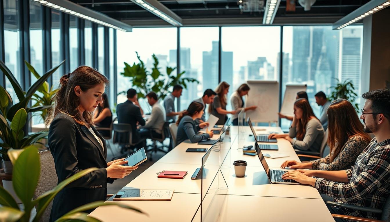 A modern, sleek co-working space filled with natural light, showcasing a diverse group of professionals collaborating at stylish desks. In the foreground, a businesswoman in professional attire is attentively discussing with a colleague, using a tablet to illustrate key points. In the middle, multiple groups are engaged in dynamic discussions, with some working on laptops and others brainstorming on whiteboards. The background features plants for a calming effect and large windows revealing a vibrant cityscape. Soft, ambient lighting creates an inviting atmosphere, emphasizing teamwork and innovation. The overall mood is one of productivity and support, reflecting the advantages of OneStart’s professional assistance in a flexible workspace for startups.