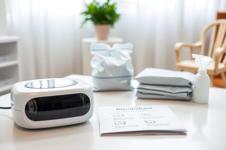 A well-organized workspace featuring a sleep apnea machine, highlighting hygiene points for safe transport and storage. In the foreground, a sleek, modern sleep apnea device is placed on a clean, white table, next to an instruction manual that emphasizes hygiene tips. The middle ground includes neatly arranged storage bags and sanitizing wipes, suggesting cleanliness and care. The background is softly blurred to depict a calm, educational environment, with soft lighting that creates a warm, inviting atmosphere. A child-sized decorative chair is visible to imply the educational context, ensuring a professional yet comforting mood. The image should focus on hygiene practices without any text or watermarks.