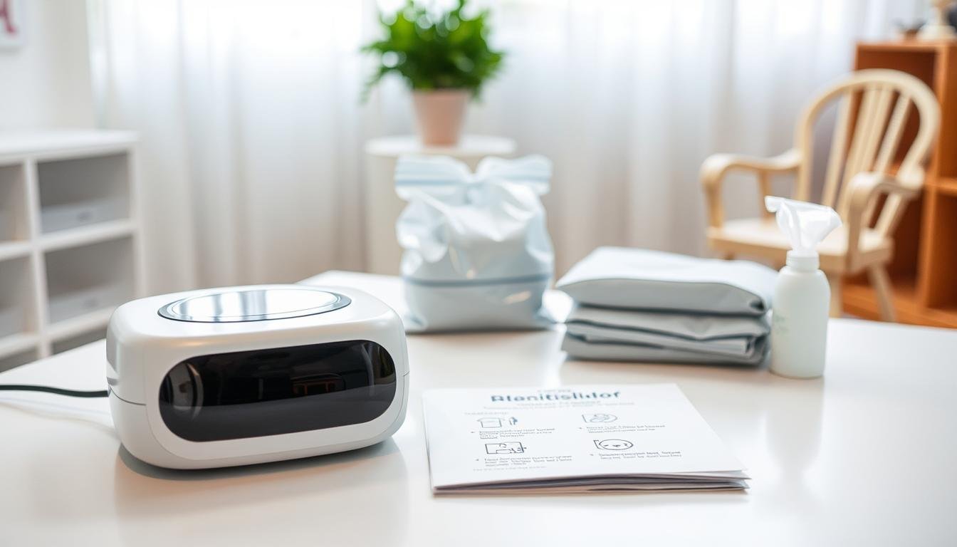 A well-organized workspace featuring a sleep apnea machine, highlighting hygiene points for safe transport and storage. In the foreground, a sleek, modern sleep apnea device is placed on a clean, white table, next to an instruction manual that emphasizes hygiene tips. The middle ground includes neatly arranged storage bags and sanitizing wipes, suggesting cleanliness and care. The background is softly blurred to depict a calm, educational environment, with soft lighting that creates a warm, inviting atmosphere. A child-sized decorative chair is visible to imply the educational context, ensuring a professional yet comforting mood. The image should focus on hygiene practices without any text or watermarks.